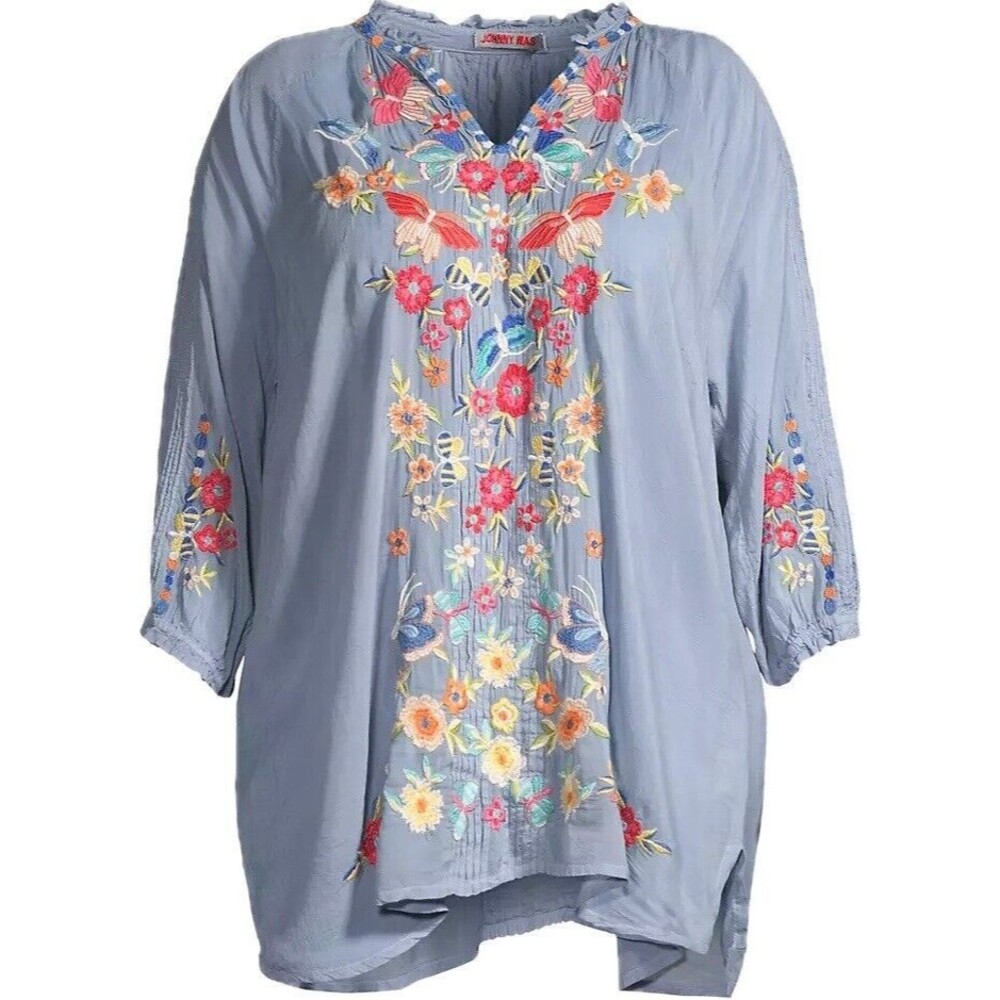 F. Johnny Was 2X Multicolor Blouse 3/4 Sleeve V Neck Embroidered NWT $295